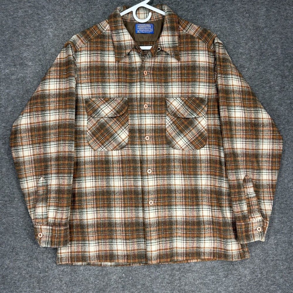Vintage Pendleton Board Shirt Mens L Brown Plaid Loop Collar Made in USA 60s 70s